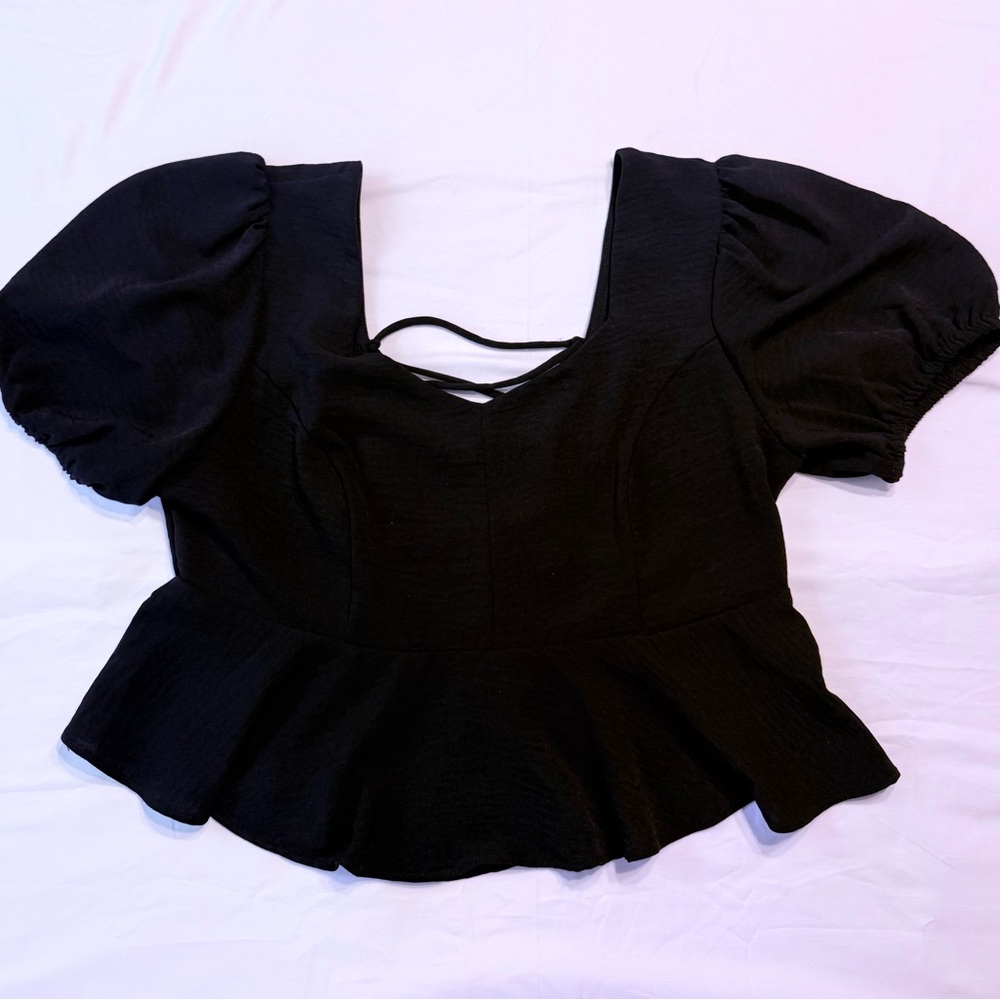 Altar’d State Black Lace-Up Peplum Crop Blouse (L) - Square Neck Puff Sleeve Top